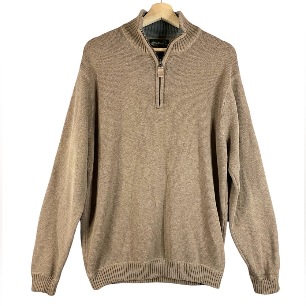 Men’s Eddie Bauer Tan 1/4 Zip Pullover Cotton Sweater Size Large